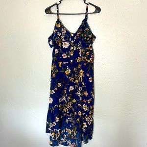 Floral navy highlow dress with off shoulder sleeve